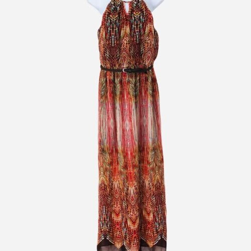 As U Wish Wm Small Maxi Dress Belted Multi Color Chiffon Lined Halter Neck Dress